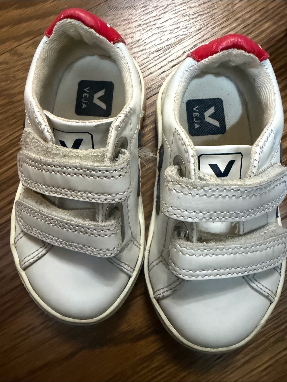 Veja Kids White Leather Velcro Sneakers with Red Heel Accent